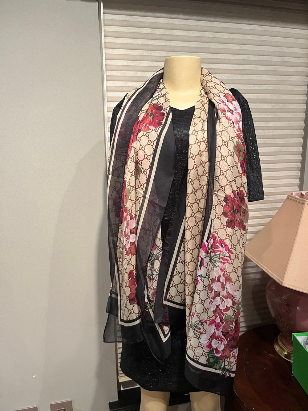 Gucci Beige Monogram Scarf with Black Trim and Pink Floral Accents